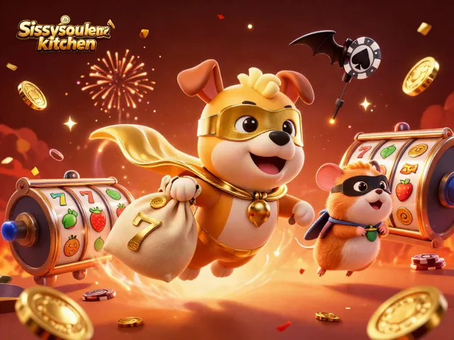 Sissyssouthernkitchen showcases fun casino adventure with flying superhero dog gathering gold coins.