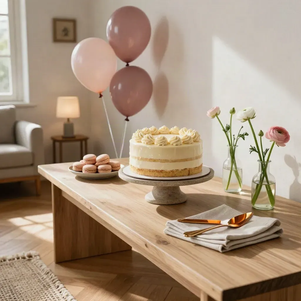 Mesa dulce de cumpleaños con tarta cremosa, macarons rosados y globos suaves en un salón luminoso.