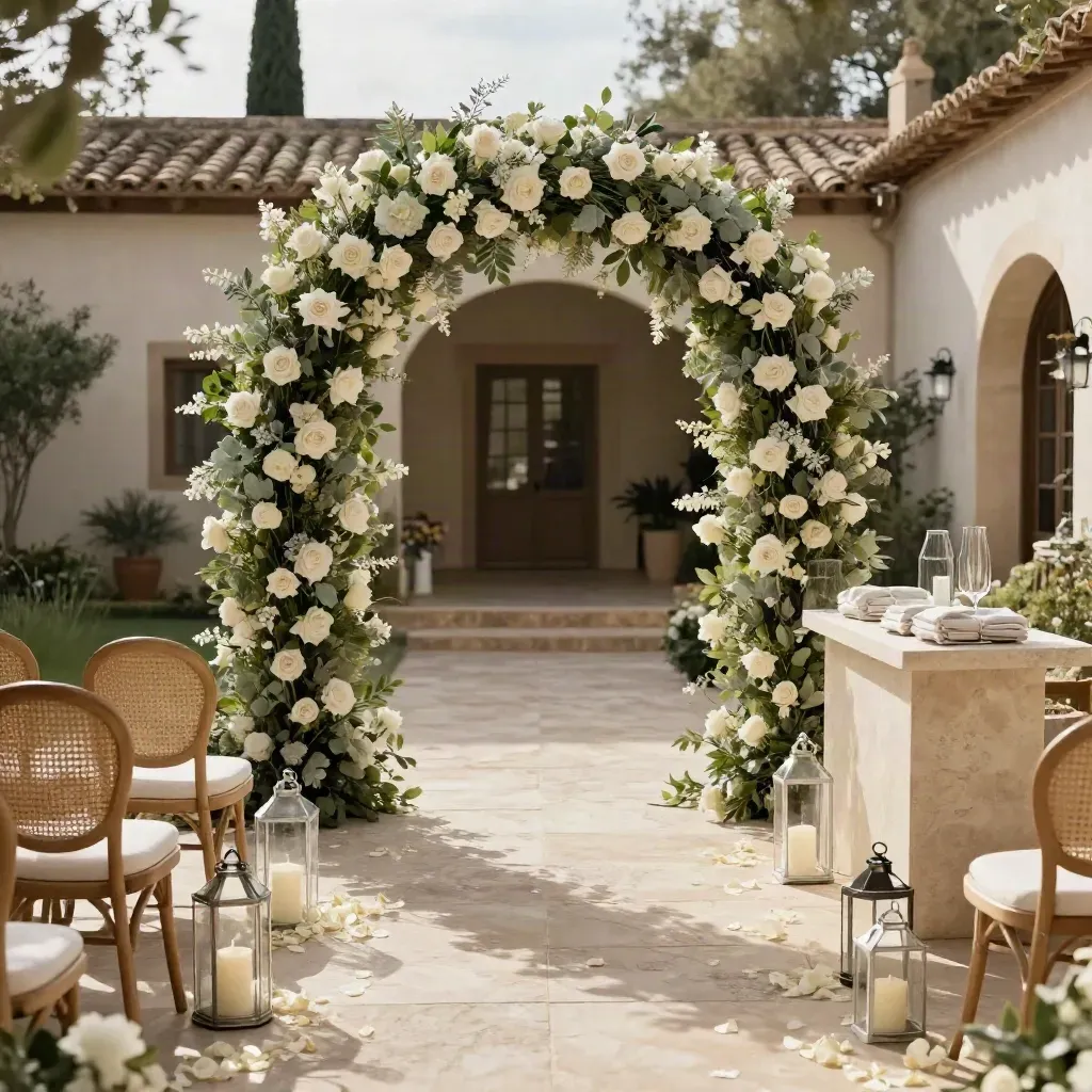 Ceremonia de boda en finca española con arco floral marfil y pasillo de pétalos.