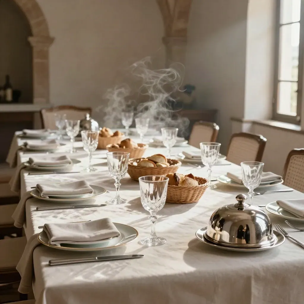 Mesa de banquete con cloches de plata, copas y platos listos en un salón elegante.