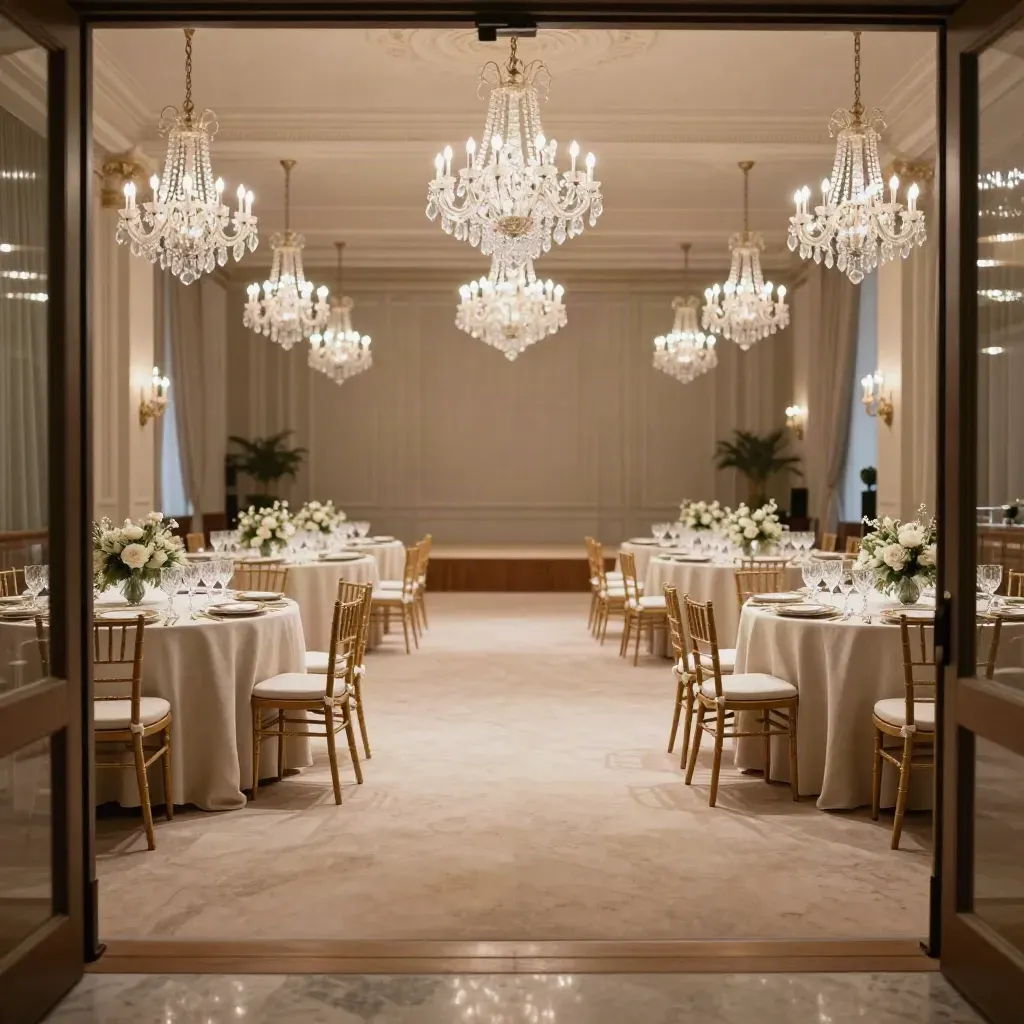 Salón madrileño listo para cena de empresa, mesas montadas y pista vacía