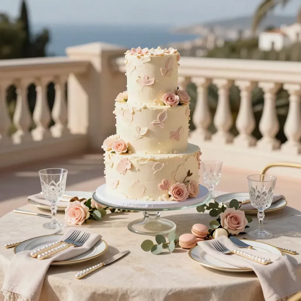 Tarta rosa de tres pisos y mesa dulce lista en una terraza soleada de Valencia.