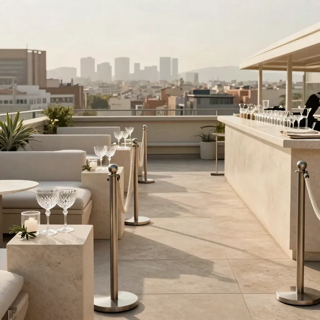 Azotea de cóctel en Barcelona con lounge bajo, pedestales de piedra y cordones ordenados.