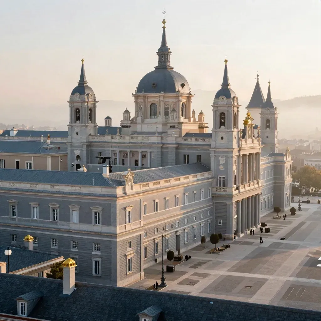 Vista amplia de Madrid de los Austrias con tejados de pizarra, cúpulas y explanada de granito