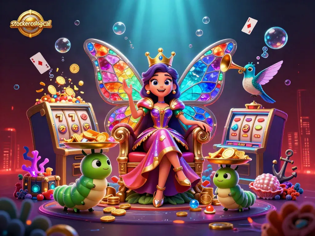 Engage with stoeckerecological's vibrant casino scene featuring a butterfly queen, gold coins, and spinning slots.