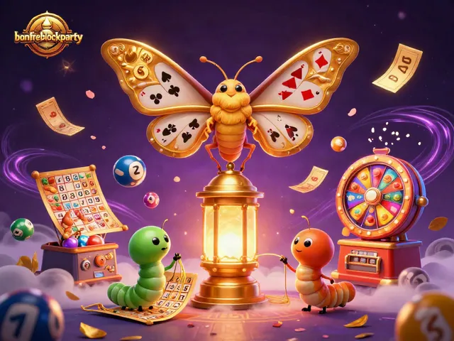 Bonfireblockparty showcases a vibrant casino scene with colorful gaming elements and a mythical moth.